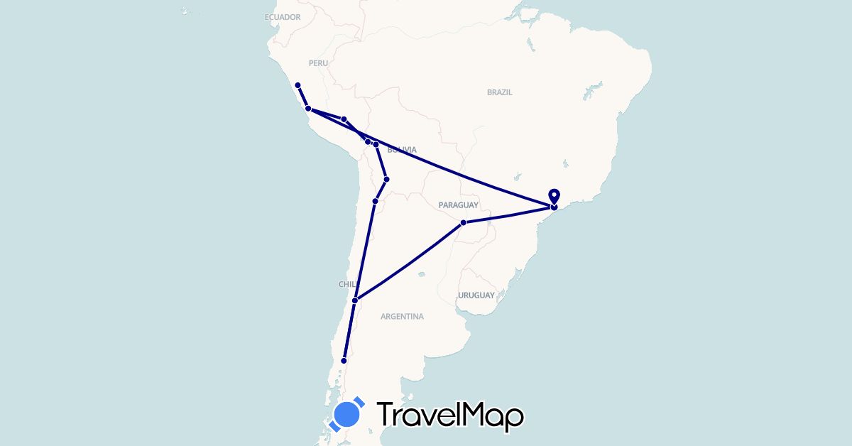 TravelMap itinerary: driving in Bolivia, Brazil, Chile, Peru, Paraguay (South America)